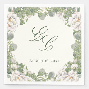 Elegant Ivory Sage Green Floral Monogram Wedding Napkin