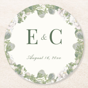 Elegant Ivory Sage Green Floral Monogram Wedding  Round Paper Coaster