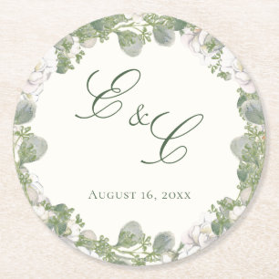 Elegant Ivory Sage Green Floral Monogram Wedding  Round Paper Coaster