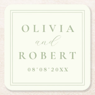 Elegant Ivory Sage Green Minimalist Wedding Square Paper Coaster