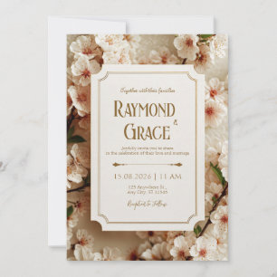 Elegant Ivory Sakura Floral Gilded Ticket Wedding Invitation