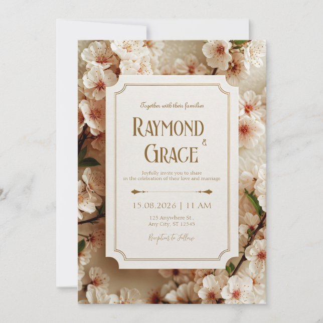 Elegant Ivory Sakura Floral Gilded Ticket Wedding Invitation (Front)