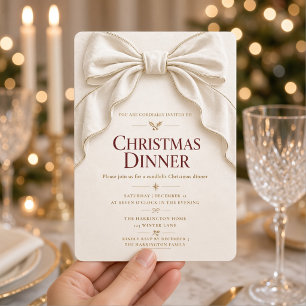Elegant Ivory Satin Bow Christmas Dinner Invitation