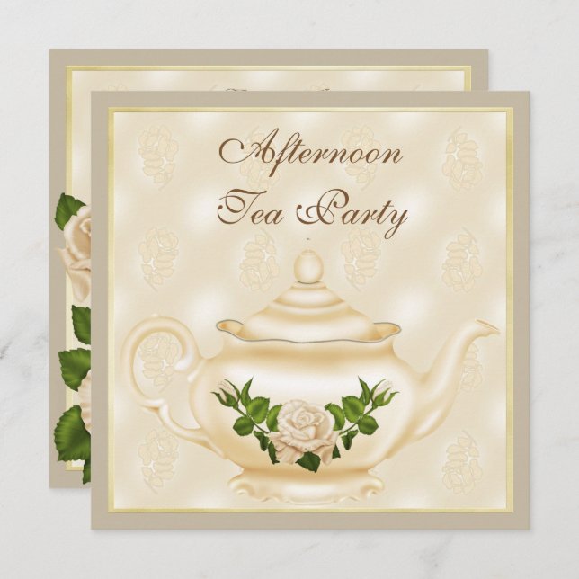 Elegant Ivory Teapot & Roses Afternoon Tea Invitation (Front/Back)