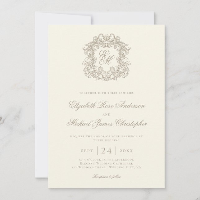 Elegant Ivory Vintage Monogram Crest Wedding Invitation (Front)