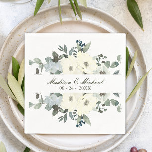 Elegant Ivory Watercolor Floral Sage Green Wedding Napkin