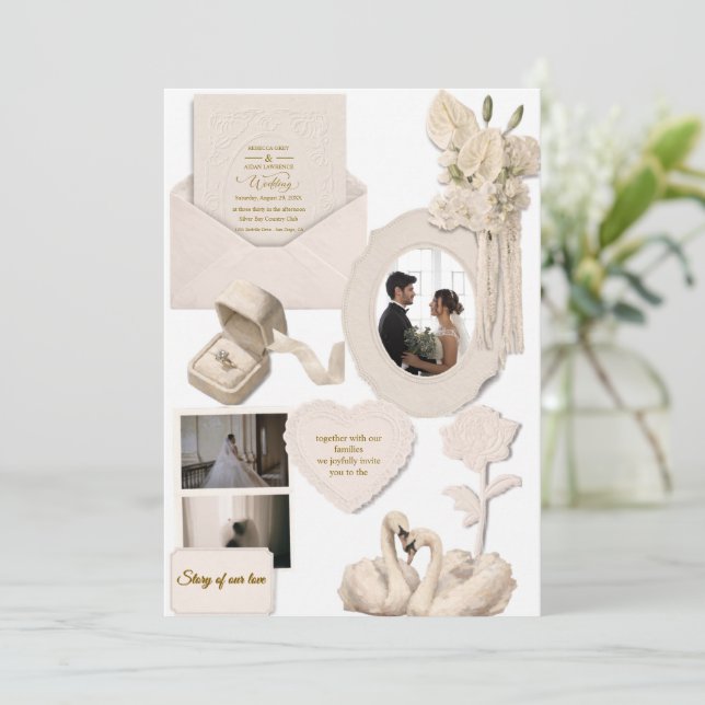Elegant Ivory Wedding White Swan Invitation  (Standing Front)
