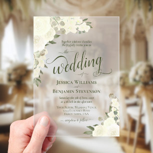 Elegant Ivory White Boho Chic Roses Fancy Wedding Acrylic Invitations