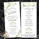 Elegant Ivory White Boho Watercolor Floral Wedding Programme<br><div class="desc">This beautiful wedding program features an elegant floral boho chic design with hand painted roses and blossoms in shades of ivory, white, and cream, surrounded by delicate sprigs of eucalyptus leaves and garden greenery. The titles are written in fancy olive or sage green script calligraphy, and there is space for...</div>