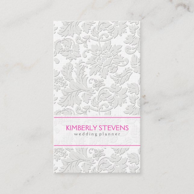 Elegant Ivory White Floral Damasks Embossed Effect Business Card (Front)