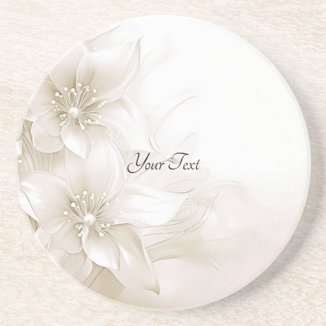 Elegant Ivory White Flowers Sandstone Coaster (Front)