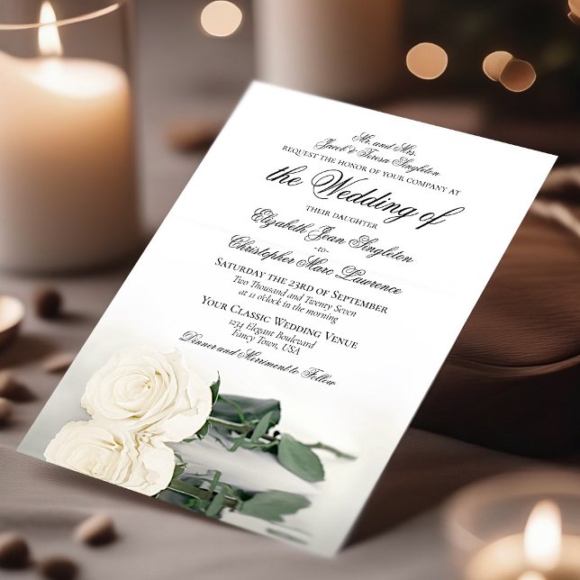 Elegant Ivory White Rose Formal Wedding Invitation (In Situ with Candles)