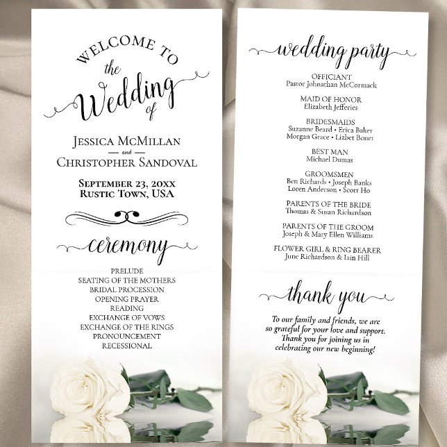 Elegant Ivory White Rose Simple Romantic Wedding Programme (Front/Back)