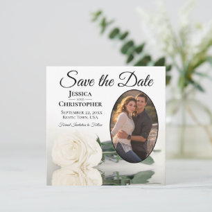 Elegant Ivory White Rose with Oval Photo Wedding Save The Date