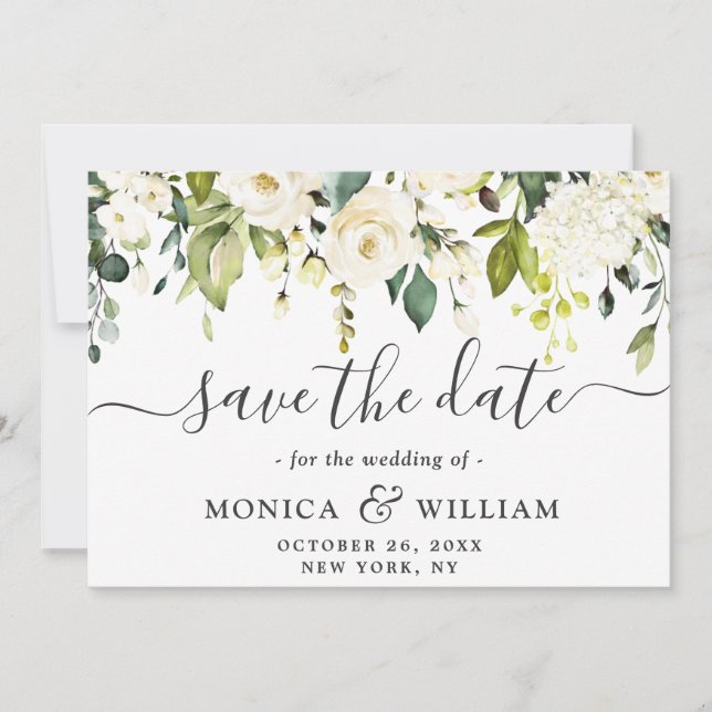 Elegant Ivory White Roses  Greenery Wedding Save The Date (Front)