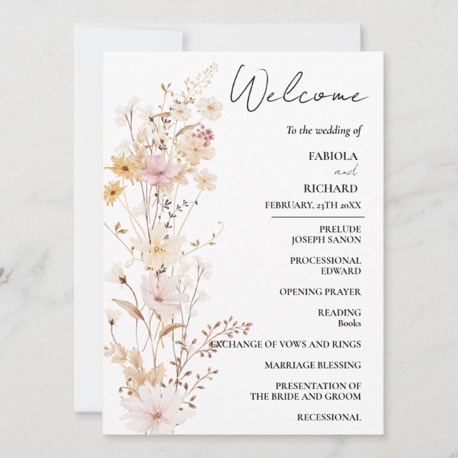 Elegant Ivory Wildflower Wedding Program Card (Front)