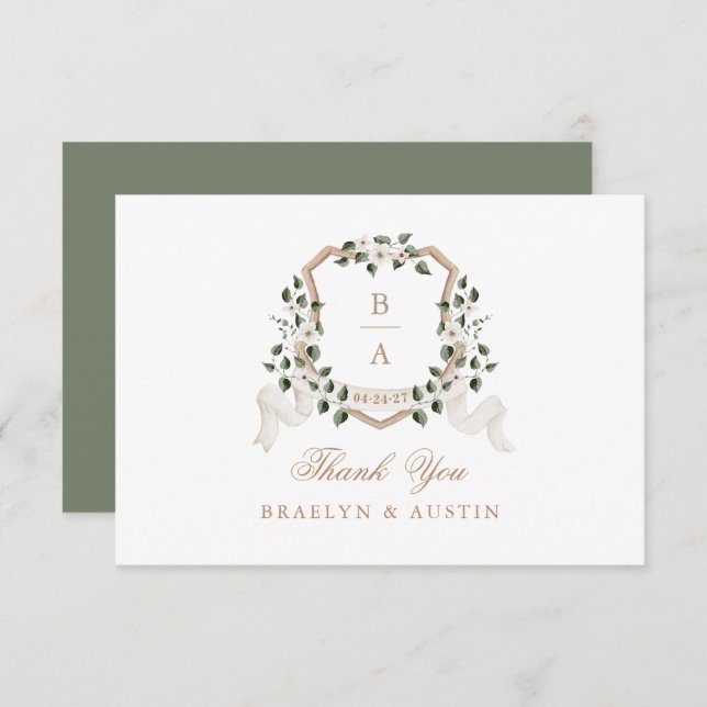 Elegant Ivy Greenery White Floral Wedding Crest Thank You Card (Front/Back)