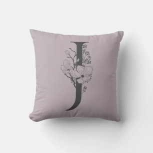 Elegant J Boho Floral Monogram Initial Lilac Grey Cushion