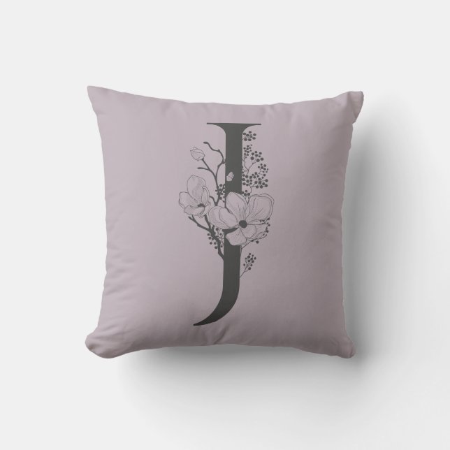 Elegant J Boho Floral Monogram Initial Lilac Grey Cushion (Front)