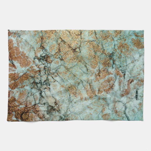 Elegant Jade and Rose Gold Glitter Marble Tea Towel (Horizontal)
