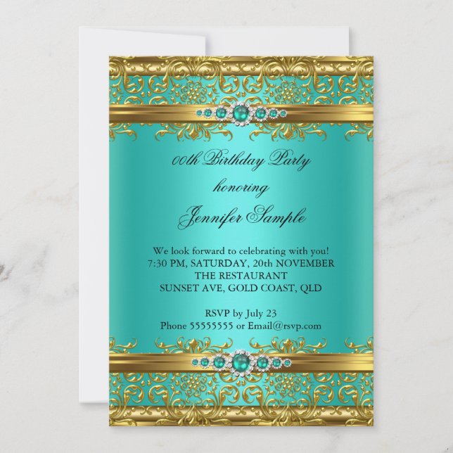 Elegant Jade Green Gold Damask Diamond Birthday Invitation (Front)