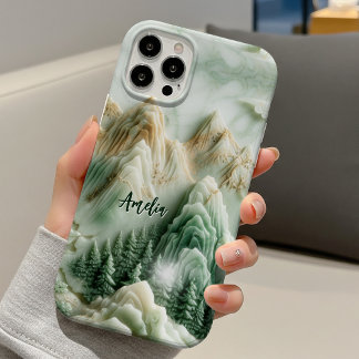 Elegant jade green mountains chinoiserie monogram iPhone 16 pro case