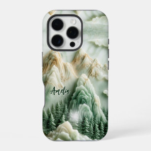 Elegant jade green mountains chinoiserie monogram iPhone 16 pro case