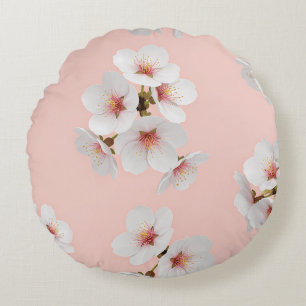 Elegant Japanese Almond Blossom Seamless Pattern Round Cushion