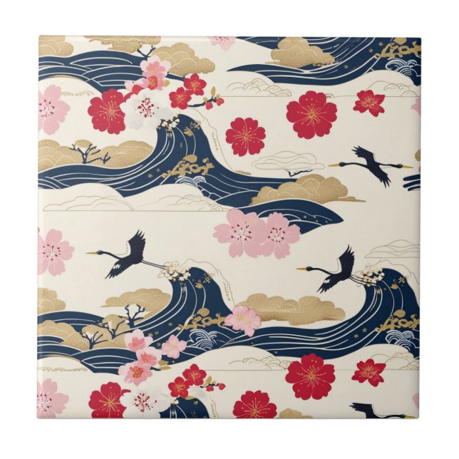 Elegant Japanese Ceramic Tile with Floral Waves (Front)
