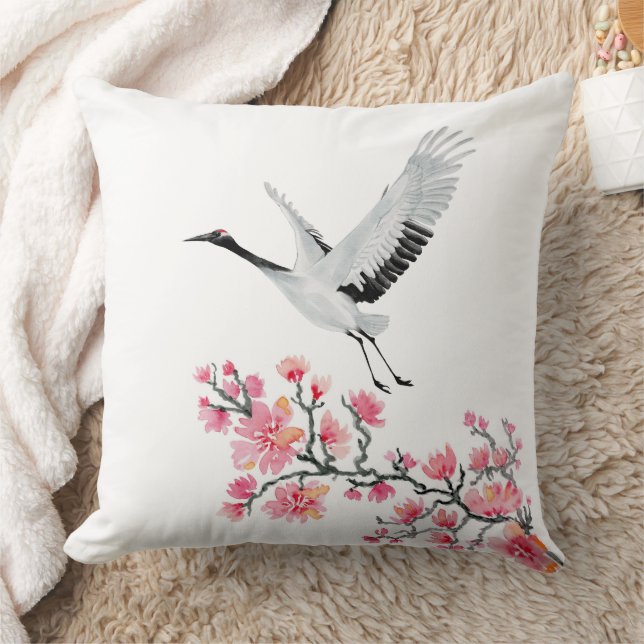 Elegant Japanese Crane and Cherry Blossom Cushion (Blanket)