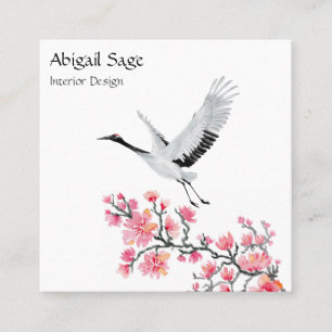 Elegant Japanese Crane and Cherry Blossom Square Business Card