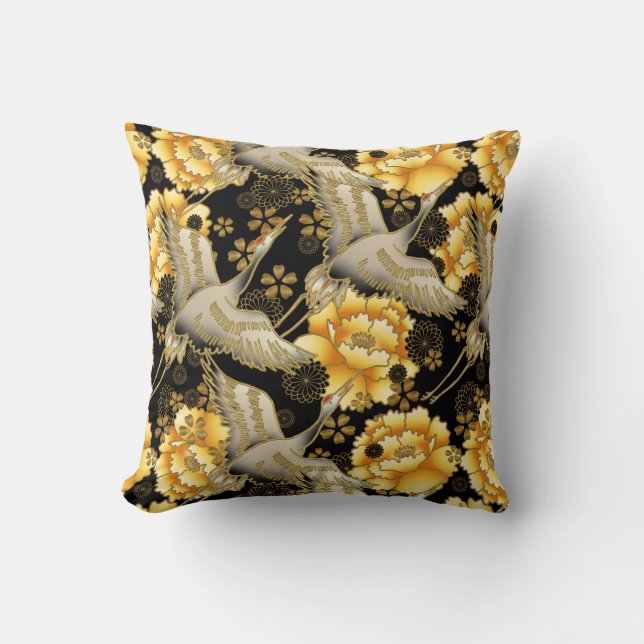 Elegant Japanese crane and peony Cushion (Front)