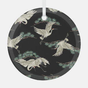 Elegant Japanese crane: artistic depiction. Glass Tree Decoration