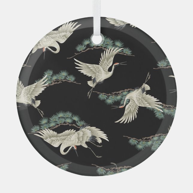 Elegant Japanese crane: artistic depiction. Glass Tree Decoration (Front)