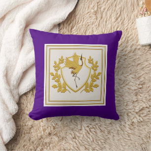 Elegant Japanese Crane Crest Gold Leaves Purple Cushion