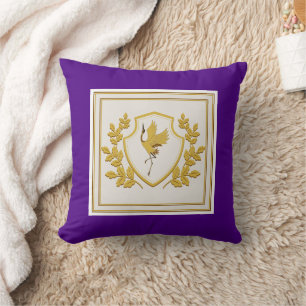 Elegant Japanese Crane Crest Gold Leaves Purple Cushion