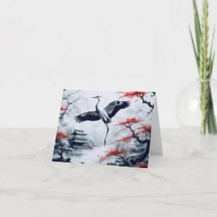 Elegant Japanese Crane In Japanese Garden Card