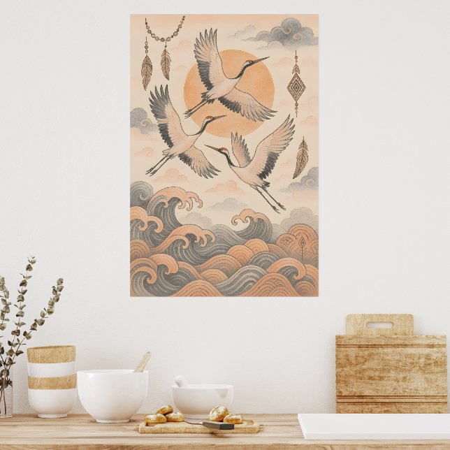 Elegant Japanese Crane Wall Art Minimalist  (Kitchen)