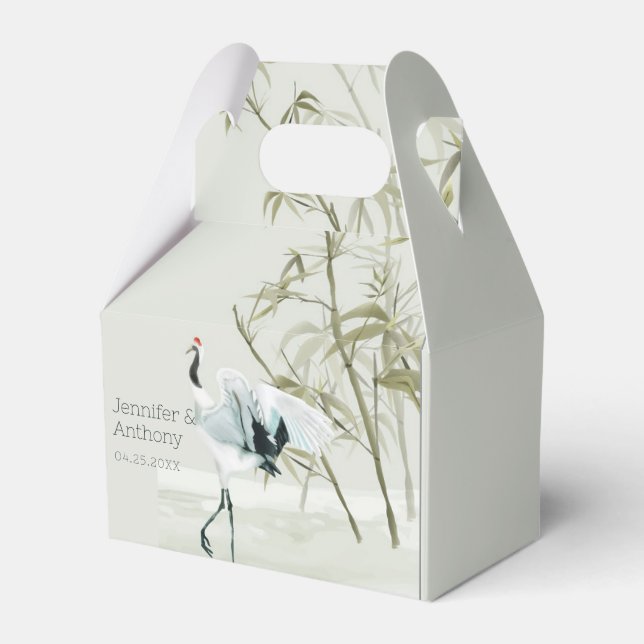 Elegant Japanese Crane Watercolor Bamboo Favour Box (Front Side)