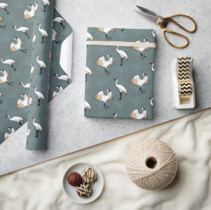 Elegant Japanese Cranes & Gingko Leaves Wrapping Paper
