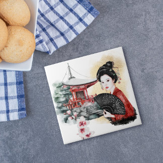 Elegant Japanese Pagoda Geisha Girl Tile