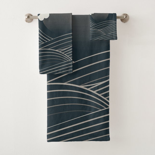 Elegant Japanese Waves Black and White Artwork | Bath Towel Set (Insitu)