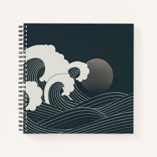 Elegant Japanese Waves Black and White Artwork   Notebook