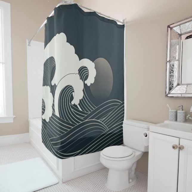 Elegant Japanese Waves Black and White Artwork | Shower Curtain (In Situ)