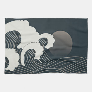 Elegant Japanese Waves Black and White Artwork   Tea Towel