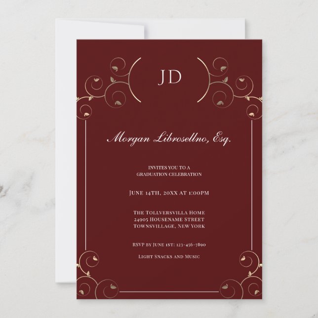 Elegant JD Gold Burgundy Lawyer Graduation Invitation (Front)