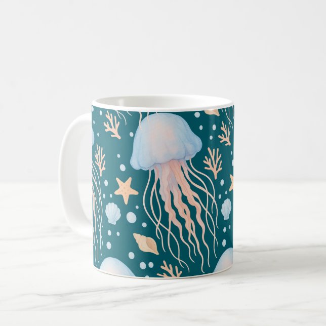 Elegant Jellyfish & Ocean Elements Pattern Mug (Front Left)