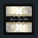 Elegant Jewel Black Damask Keepsake Gift Box<br><div class="desc">Black damask keepsake gift box. Black gold keepsake gift boxes. Elegant black gift boxes. Black damask gold gift boxes. Black gold jewellery box. Add your details to the front by simply choosing the "Customise it!" button to begin adding your event details, font style, font size & colour, and wording. Please...</div>