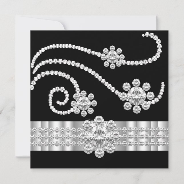 Elegant Jewel diamonds Black Silver Birthday Party Invitation (Front)