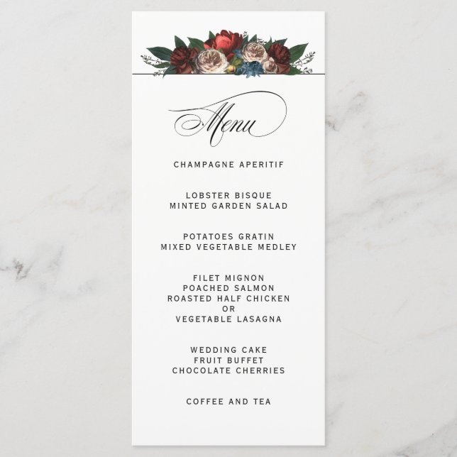 Elegant Jewel Tone Floral Wedding Menu (Front)